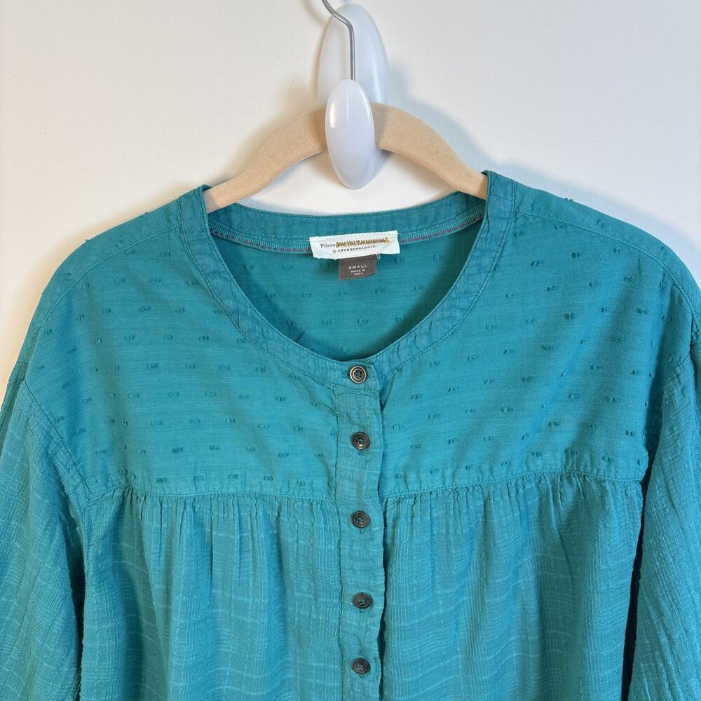 Pilcro Anthropologie Long Sleeve Button Up Blouse Sm Teal Swiss Dot Indie Boho - Picture 3 of 16